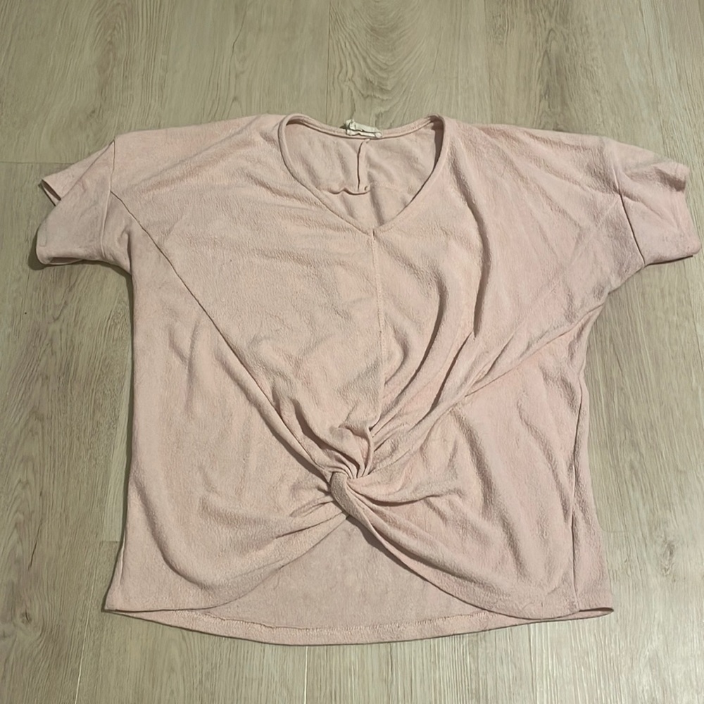 Light pink v neck soft tea with knot tie front